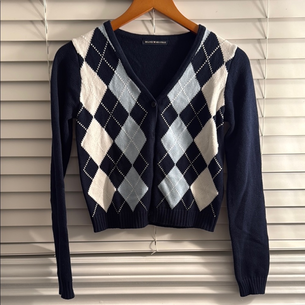 Brandy Melville Argyle Patterned Navy Cardigan Sweater